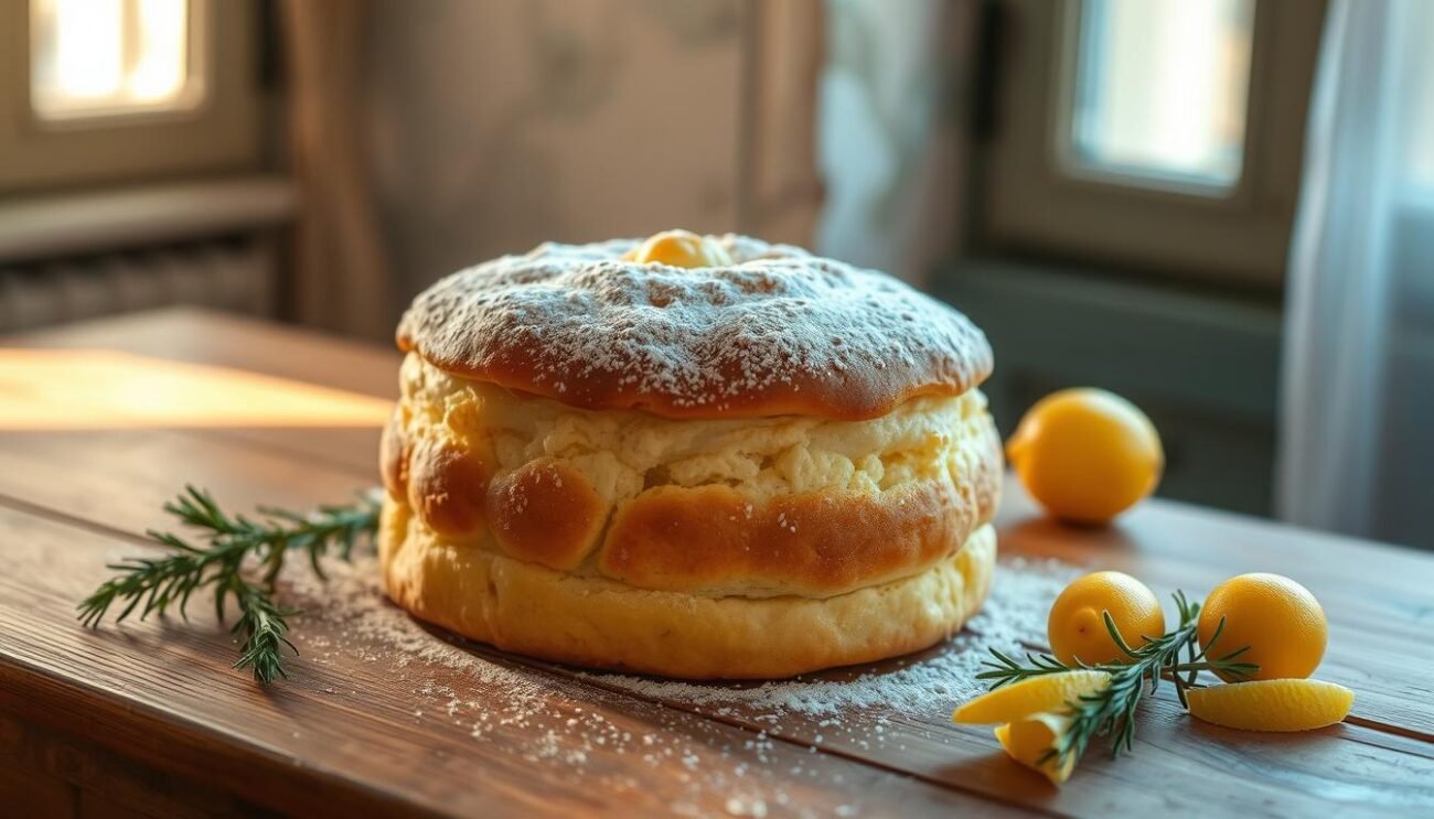 A delectable Migliaccio Napoletano, a traditional Neapolitan carnival dessert, stands proudly on a wooden table. The semolina and ricotta-based cake is adorned with a golden-brown crust, its surface lightly dusted with powdered sugar. Soft light filters through a nearby window, casting a warm glow on the inviting pastry. The scene evokes a cozy, homemade atmosphere, perfect for enjoying this cherished regional treat. A sprig of fresh rosemary and a few lemons add a touch of rustic elegance, hinting at the care and attention that went into crafting this Migliaccio. The overall composition captures the essence of this classic Carnevale delight, ready to be savored and shared. A delectable Migliaccio Napoletano, a traditional Neapolitan carnival dessert, stands proudly on a wooden table. The semolina and ricotta-based cake is adorned with a golden-brown crust, its surface lightly dusted with powdered sugar. Soft light filters through a nearby window, casting a warm glow on the inviting pastry. The scene evokes a cozy, homemade atmosphere, perfect for enjoying this cherished regional treat. A sprig of fresh rosemary and a few lemons add a touch of rustic elegance, hinting at the care and attention that went into crafting this Migliaccio. The overall composition captures the essence of this classic Carnevale delight, ready to be savored and shared.