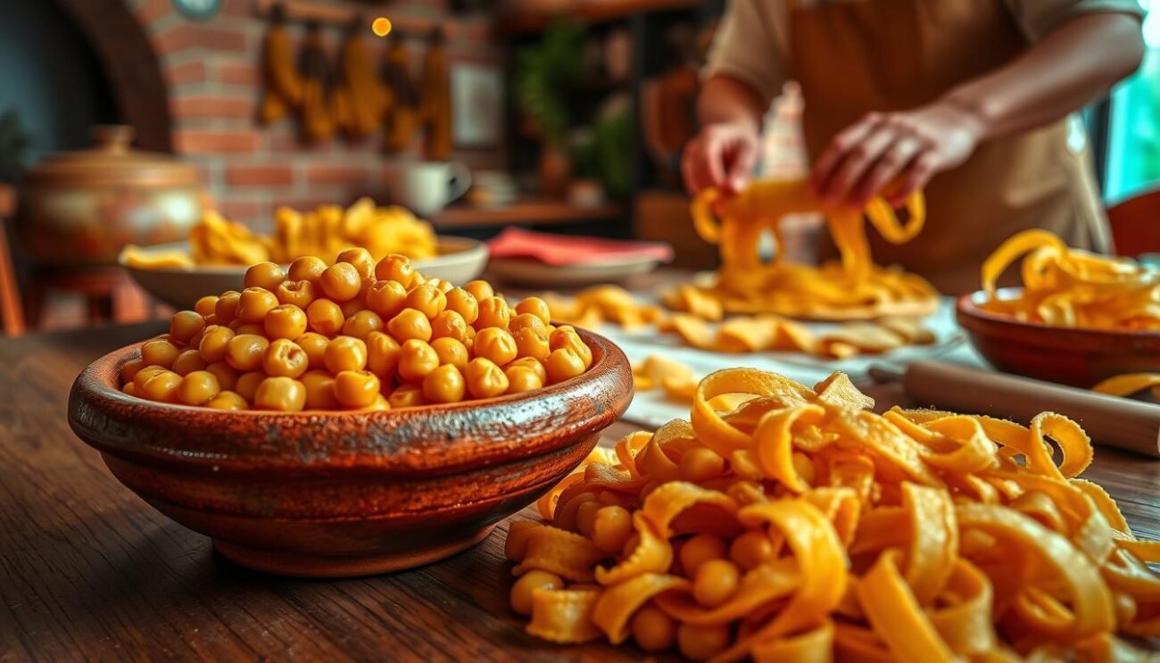 A delectable Pugliese dish, "Ciceri e Tria" comes to life in a vibrant visual feast. In the foreground, a wooden table is adorned with a rustic earthenware bowl, brimming with golden-hued chickpeas and crisp, golden-brown fried pasta strips. The middle ground showcases the intricate preparation process, with hands skillfully rolling and shaping the dough into the signature Tria shapes. In the background, a warm, Mediterranean-inspired setting, with terracotta tiles, wooden beams, and a hint of greenery, creates a cozy and authentic atmosphere. The lighting is soft and natural, casting a golden glow over the scene, inviting the viewer to savor the flavors and traditions of this beloved Salentina dish.