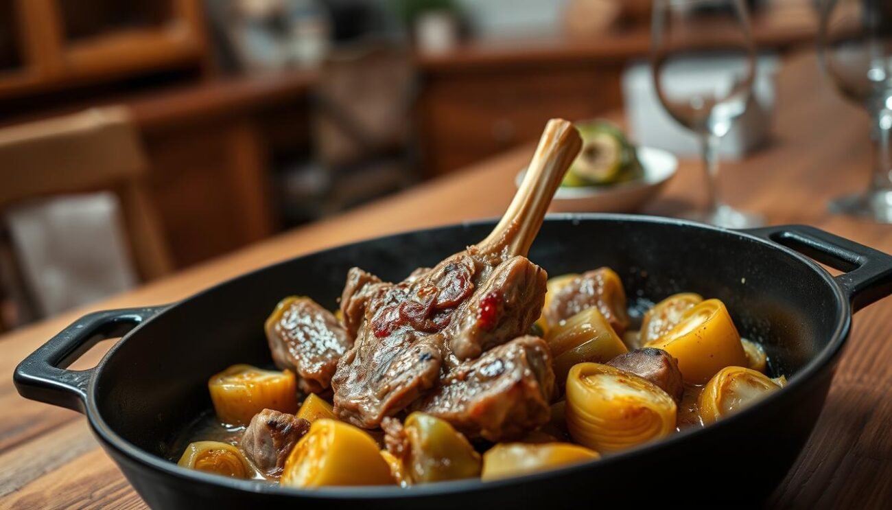 A delectable Roman spring dish, Coratella con Carciofi features tender lamb offal paired with the sweet, earthy artichokes. In the foreground, the lamb's offal sizzles in a cast-iron pan, its aroma mingling with the freshly sautéed artichoke hearts. The middle ground reveals a wooden table, its surface adorned with a simple yet elegant place setting, inviting the viewer to savor this traditional Roman culinary delight. In the background, a warm, softly lit kitchen sets the stage, hinting at the centuries-old traditions that have shaped this iconic dish. The overall composition evokes a sense of rustic charm and honest, local flavors, capturing the essence of Roman culinary heritage.
