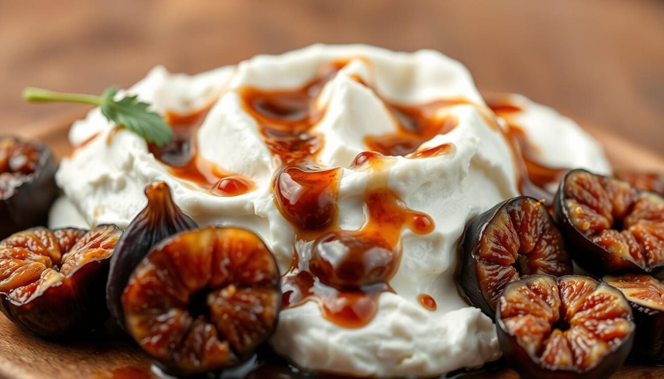 A delectable arrangement of freshly whipped squacquerone cheese, drizzled with glistening caramelized figs, set against a backdrop of warm, earthy tones. The creamy texture of the cheese contrasts elegantly with the sweet, sticky figs, creating a harmonious balance of flavors. Captured in a natural, soft-focus lighting, the image evokes the rustic charm of traditional Italian cuisine. The composition showcases the ingredients in a visually appealing manner, inviting the viewer to indulge in this delightful regional specialty. A delectable arrangement of freshly whipped squacquerone cheese, drizzled with glistening caramelized figs, set against a backdrop of warm, earthy tones. The creamy texture of the cheese contrasts elegantly with the sweet, sticky figs, creating a harmonious balance of flavors. Captured in a natural, soft-focus lighting, the image evokes the rustic charm of traditional Italian cuisine. The composition showcases the ingredients in a visually appealing manner, inviting the viewer to indulge in this delightful regional specialty.