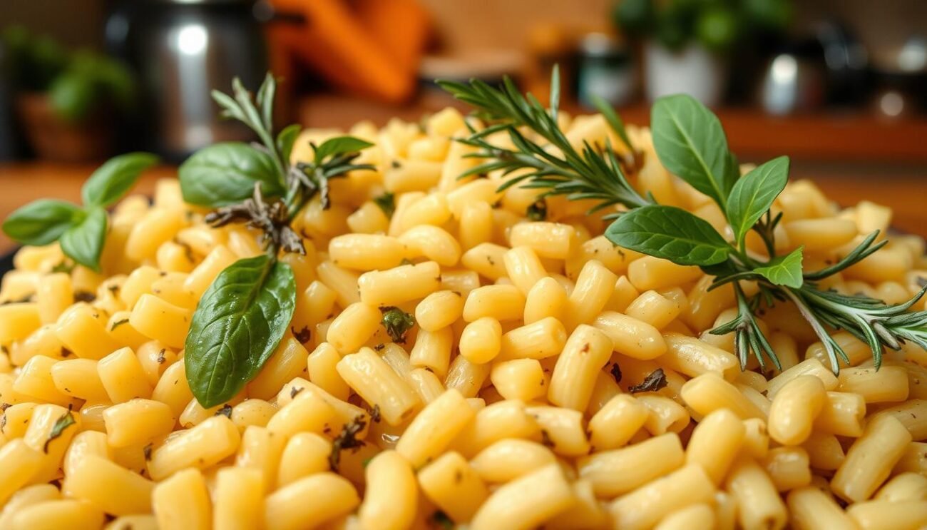 A delectable arrangement of orzo pasta, gently simmered with an aromatic medley of fresh herbs. The foreground showcases the textural contrast of the plump, al dente orzo grains, complemented by the vibrant green hues of fragrant basil, rosemary, and thyme. In the middle ground, a subtle play of light and shadow accentuates the dish's rustic, homemade appeal. The background depicts a warm, cozy kitchen setting, hinting at the comforting nature of this traditional Italian dish. The overall mood is one of simplicity, authenticity, and the delightful flavors that characterize the regional cuisine of the Alto Adige.