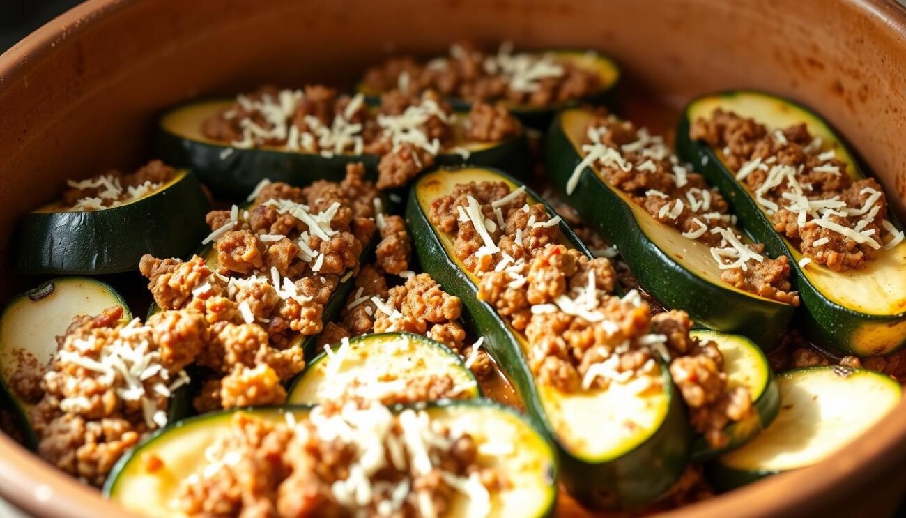 A delectable baked zucchini dish, stuffed with a savory blend of ground meat, fragrant herbs, and grated Parmesan cheese. The zucchine ripiene al forno, or stuffed baked zucchini, are arranged in a rustic earthenware dish, bathed in a warm, golden glow from the oven's natural light. The zucchini slices are perfectly tender, their vibrant green hues complemented by the rich, creamy filling spilling out invitingly. A sprinkle of freshly grated Parmesan cheese adds a final touch of indulgence to this authentic Italian delicacy, ready to be served as the star of the "Preparazione passo dopo passo" section.