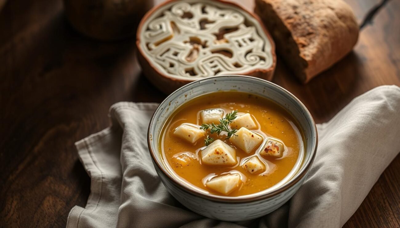 A delectable bowl of Zuppa Gallurese, a traditional Sardinian soup, sits atop a rustic wooden table. The broth, rich and golden, cradles hearty chunks of local bread and fragrant Pecorino cheese. Soft lighting illuminates the scene, casting a warm glow and highlighting the dish's comforting simplicity. The composition evokes the authentic flavors and rustic charm of this beloved Sardinian specialty, inviting the viewer to savor the flavors of the island. A perfect representation of the "Consigli degli Esperti per una Zuppa Gallurese Perfetta" section.