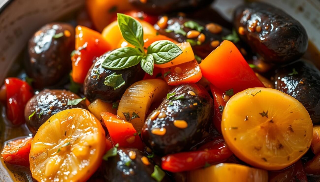 A delectable caponata dish, artfully presented as a side course. Eggplant, onions, and peppers simmered in a harmonious blend of vinegar, sugar, and herbs, glistening under the warm light. The vegetables, arranged in a visually appealing manner, are complemented by a drizzle of fragrant olive oil and a scattering of fresh basil leaves. The overall composition evokes the rustic charm of traditional Sicilian cuisine, inviting the viewer to savor the balance of sweet and sour flavors. A perfect accompaniment to any main course, this caponata showcases the vibrant colors and textures of the Mediterranean.