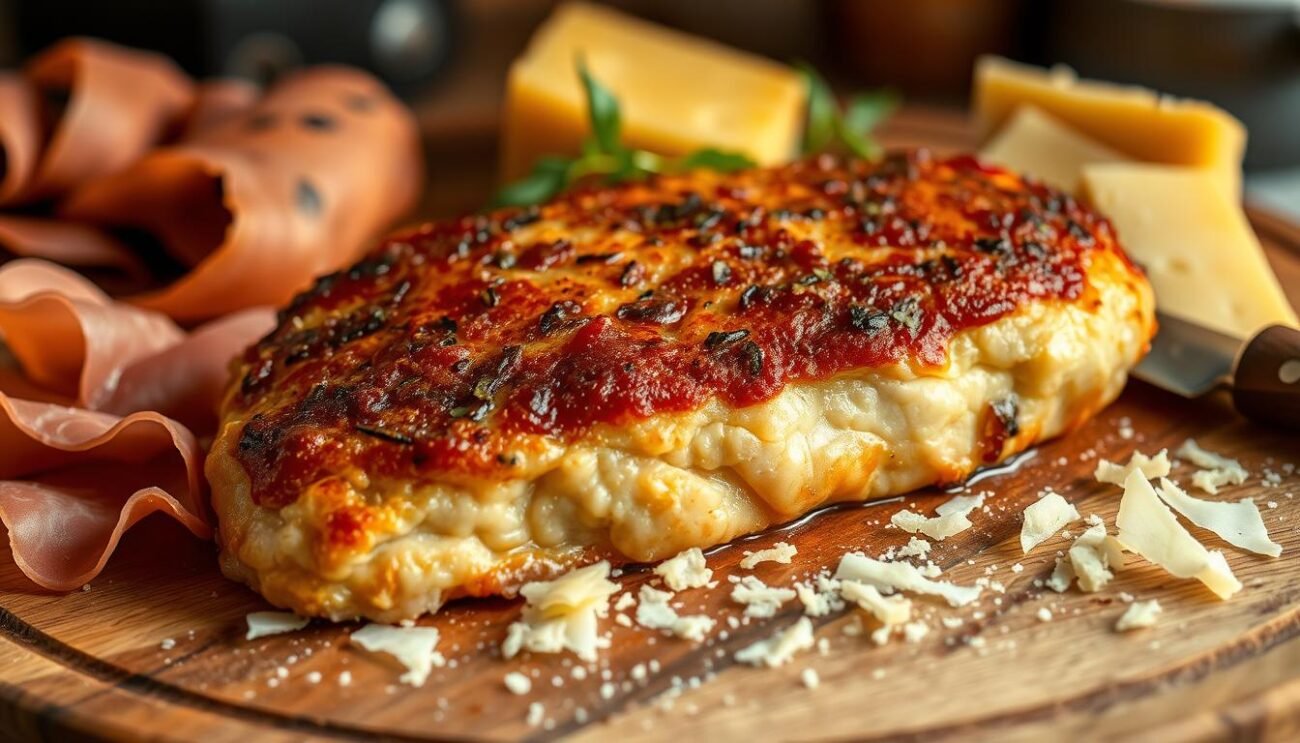 A delectable cotoletta alla bolognese, a culinary masterpiece that blends the savory prosciutto and the rich parmigiano. The juicy, golden-brown cutlet is nestled on a wooden board, surrounded by thin slices of prosciutto and shavings of parmigiano. Warm, soft lighting casts a gentle glow, highlighting the dish's rustic charm. The scene evokes the cozy atmosphere of a traditional Italian kitchen, where the aromas of sizzling meat and aged cheese mingle in the air. The cotoletta takes center stage, inviting the viewer to imagine the satisfying crunch of the breading and the mouthwatering flavors that await. A delectable cotoletta alla bolognese, a culinary masterpiece that blends the savory prosciutto and the rich parmigiano. The juicy, golden-brown cutlet is nestled on a wooden board, surrounded by thin slices of prosciutto and shavings of parmigiano. Warm, soft lighting casts a gentle glow, highlighting the dish's rustic charm. The scene evokes the cozy atmosphere of a traditional Italian kitchen, where the aromas of sizzling meat and aged cheese mingle in the air. The cotoletta takes center stage, inviting the viewer to imagine the satisfying crunch of the breading and the mouthwatering flavors that await.