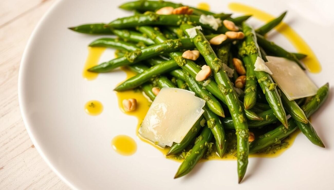 A delectable dish of fagiolini (green beans) coated in a vibrant, aromatic pesto sauce. The fresh, tender fagiolini are elegantly arranged on a pristine white plate, their verdant hues popping against the creamy pesto. Slivers of Parmesan cheese and toasted pine nuts add texture and richness, while a drizzle of high-quality olive oil glistens on the surface. The lighting is soft and warm, casting a gentle glow that enhances the natural beauty of the ingredients. The overall composition is simple yet sophisticated, perfectly capturing the essence of this classic Ligurian side dish.