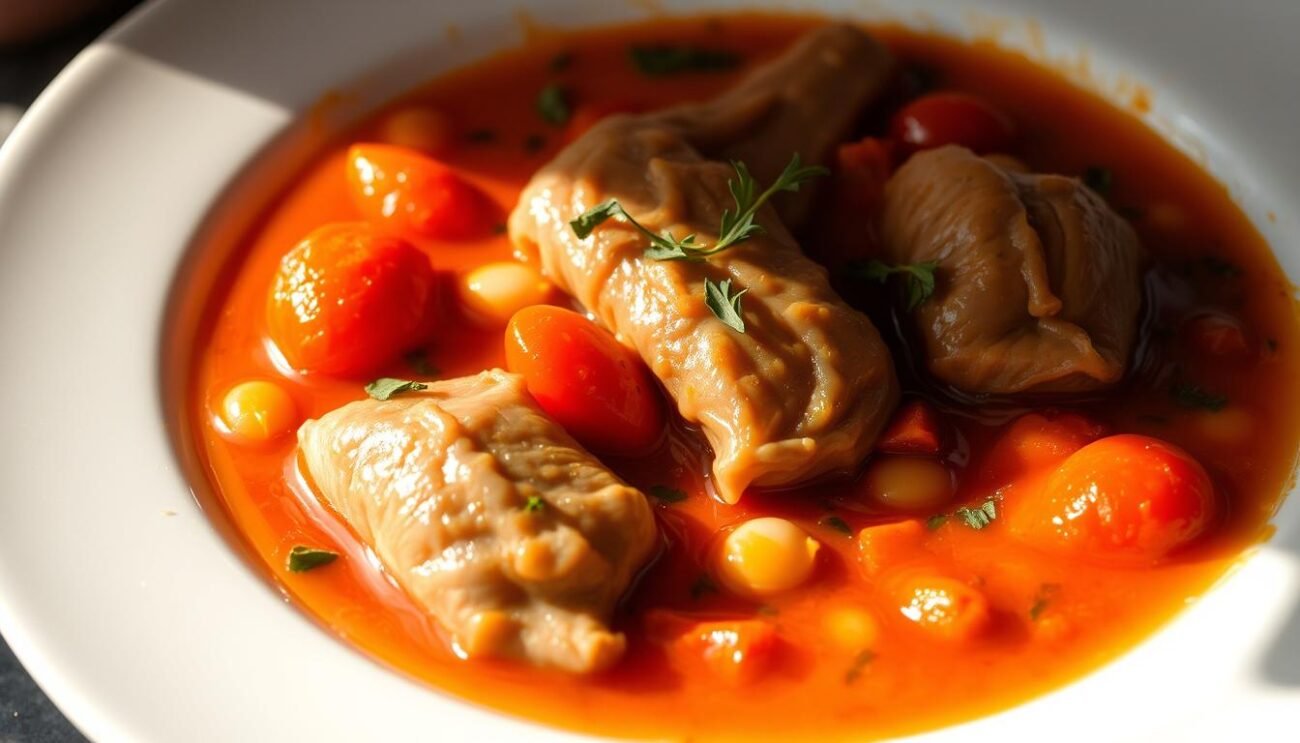 A delectable dish of trippa milanese, simmered to perfection with tender tripe, succulent tomatoes, and savory herbs. The rich, aromatic broth envelops the tripe, which has been expertly prepared to achieve a tender, melt-in-your-mouth texture. The dish is artfully plated, with the tripe and tomatoes arranged in a visually appealing manner, creating a captivating focal point. Soft lighting casts a warm, inviting glow, highlighting the vibrant colors and textures of the dish. The atmosphere is cozy and homey, with a sense of traditional Italian culinary prowess. This image perfectly encapsulates the essence of a "Trippa alla Milanese: La Ricetta di Casa con Fagioli e Pomodoro" and the "Consigli per una Trippa alla Milanese Perfetta" section of the article. A delectable dish of trippa milanese, simmered to perfection with tender tripe, succulent tomatoes, and savory herbs. The rich, aromatic broth envelops the tripe, which has been expertly prepared to achieve a tender, melt-in-your-mouth texture. The dish is artfully plated, with the tripe and tomatoes arranged in a visually appealing manner, creating a captivating focal point. Soft lighting casts a warm, inviting glow, highlighting the vibrant colors and textures of the dish. The atmosphere is cozy and homey, with a sense of traditional Italian culinary prowess. This image perfectly encapsulates the essence of a "Trippa alla Milanese: La Ricetta di Casa con Fagioli e Pomodoro" and the "Consigli per una Trippa alla Milanese Perfetta" section of the article.