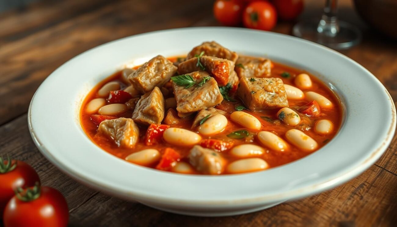 A delectable dish of trippa milanese, the classic Milanese tripe stew, is beautifully presented on a rustic wooden table. The tender tripe pieces are simmered in a rich tomato-based broth, accented with aromatic herbs and garlic. Creamy white beans and diced tomatoes add texture and flavor, creating a harmonious blend of tastes. The lighting is warm and inviting, casting a soft glow over the scene. The camera captures the dish from a slightly elevated angle, showcasing the vibrant colors and inviting presentation. This mouthwatering image perfectly captures the essence of "Trippa alla Milanese: La Ricetta di Casa con Fagioli e Pomodoro" and the section titled "Come Servire e Abbinare la Trippa alla Milanese". A delectable dish of trippa milanese, the classic Milanese tripe stew, is beautifully presented on a rustic wooden table. The tender tripe pieces are simmered in a rich tomato-based broth, accented with aromatic herbs and garlic. Creamy white beans and diced tomatoes add texture and flavor, creating a harmonious blend of tastes. The lighting is warm and inviting, casting a soft glow over the scene. The camera captures the dish from a slightly elevated angle, showcasing the vibrant colors and inviting presentation. This mouthwatering image perfectly captures the essence of "Trippa alla Milanese: La Ricetta di Casa con Fagioli e Pomodoro" and the section titled "Come Servire e Abbinare la Trippa alla Milanese".