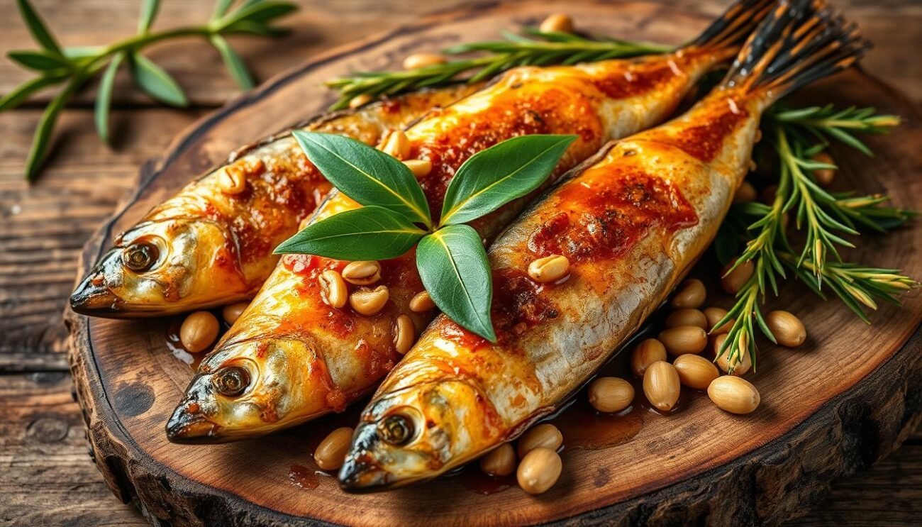 A delectable display of "Sarde a Beccafico" nestled on a rustic wooden surface. Plump, pan-seared sardines adorned with a glistening caramelized glaze, accented by the rich aroma of toasted pine nuts and the earthy fragrance of fresh bay leaves. The golden-brown fillets contrast with the vibrant green foliage, creating a visually striking and appetizing scene. Soft, diffused lighting casts a warm, inviting glow, highlighting the dish's textures and colors. The overall composition evokes a sense of Mediterranean culinary tradition and the comforting flavors of this traditional Italian speciality.