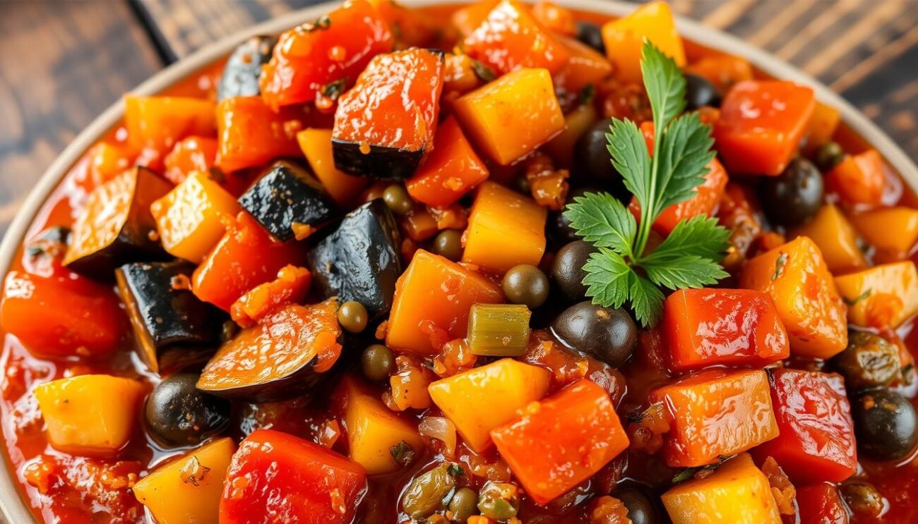 A delectable display of caponata, a Sicilian eggplant-based antipasto. Vibrant eggplant chunks simmered in a tangy-sweet tomato sauce, accented with celery, onions, capers, and olives. The vegetables glisten under warm, golden lighting, set against a rustic wooden backdrop. The layered textures and rich, aromatic flavors evoke the comforting essence of Sicilian home cooking. A visually enticing representation of the "Cottura e Assemblaggio" section, capturing the intricate preparation and assembly of this beloved Sicilian classic.