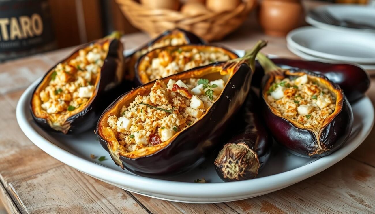 A delectable display of freshly roasted eggplants, their deep purple hues glistening under the warm, golden light. The eggplants are halved, their centers scooped out to make way for a lush, creamy filling composed of savory cheeses, fragrant herbs, and crisp breadcrumbs. The dish is set against a backdrop of rustic Italian countryside, with a weathered wooden table and a simple, yet elegant place setting. The overall scene evokes a sense of traditional, homemade cooking, perfectly capturing the essence of "Melanzane Ripiene alla Calabrese" and the ingredients needed to prepare this timeless dish.