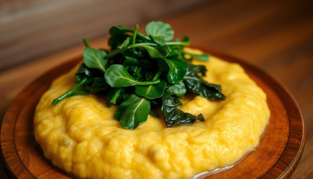 A delectable display of traditional Polenta d'Iragna, a savory cornmeal porridge, accompanied by the vibrant greens of sautéed Swiss chard. The polenta, crafted with care using locally sourced corn, exudes a golden hue and a creamy, comforting texture. The bietole, or Swiss chard, lends a delightful contrast with its verdant leaves and tender stalks, perfectly seasoned. Set against a rustic wooden backdrop, the dish evokes the warmth and authenticity of Molisean culinary heritage. Soft, diffused lighting casts a gentle glow, capturing the essence of this centuries-old recipe in a visually captivating manner.