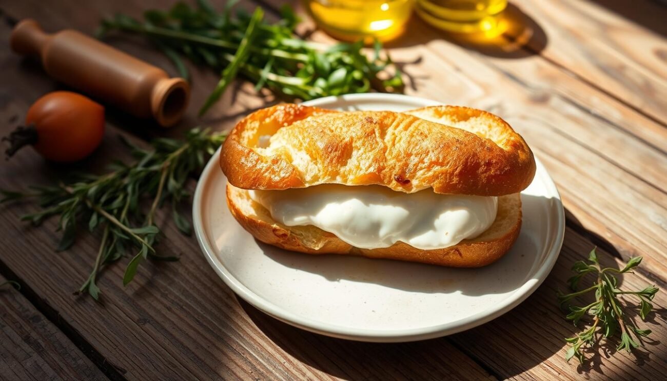 A delectable mozzarella sandwich, crisp golden-brown bread embracing the melted, stringy cheese. Sunlight dances across the surface, casting warm shadows that accentuate the dish's artisanal craftsmanship. The plate is set against a rustic wooden table, surrounded by herbs and olive oil - quintessential Italian ingredients. The atmosphere is one of simple, homespun elegance, capturing the essence of "La Storia della Mozzarella in Carrozza". A tantalizing snapshot of this beloved culinary tradition.