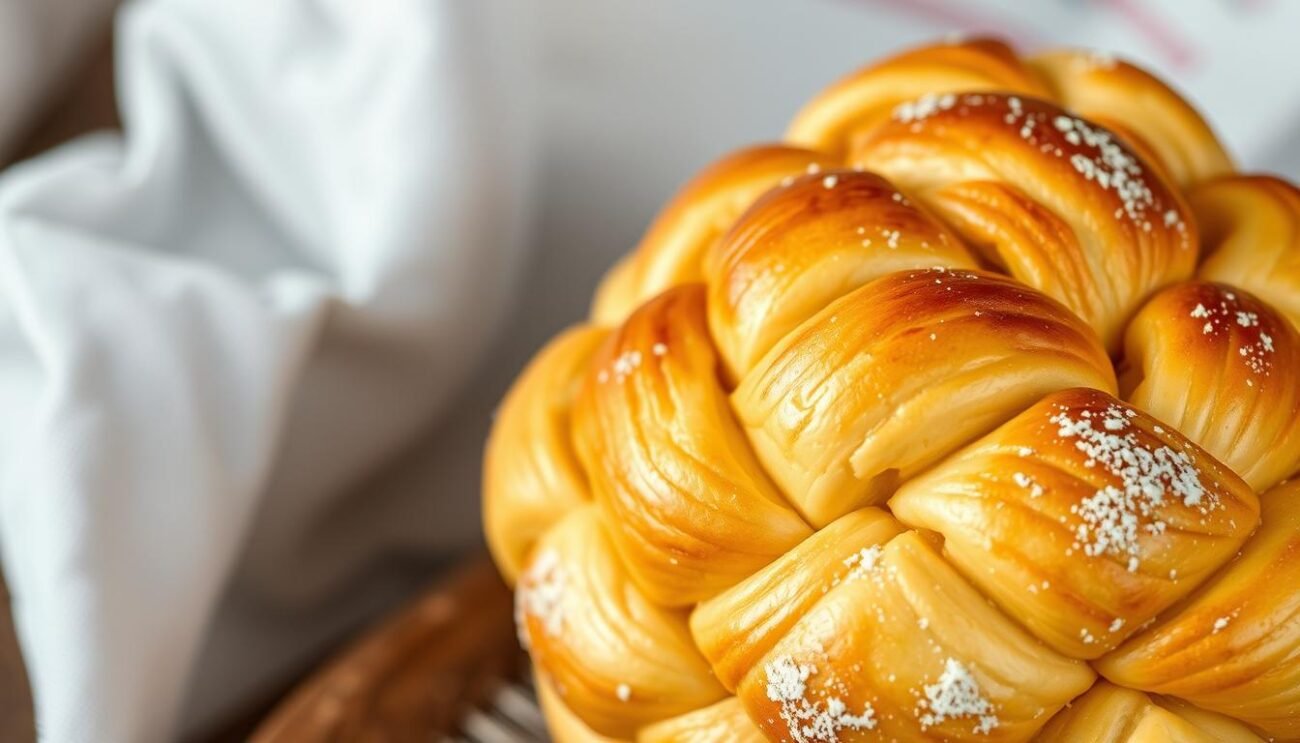 A delectable pastry, the "Pigna Molisana," rises before us, its intricate braided form reminiscent of a pinecone. The dough, leavened to perfection, exudes a warm, golden hue, inviting the senses. Captured in a crisp, close-up shot, the textures of the impasto lievitato, or risen dough, are magnified, showcasing the intricate folds and airy pockets that give this traditional Easter bread its distinctive appearance. Backlit by a soft, diffused light, the image conveys a sense of homespun comfort and the rich culinary heritage of the Molise region. The overall composition highlights the artisanal craftsmanship and the care woven into the creation of this beloved regional delicacy. A delectable pastry, the "Pigna Molisana," rises before us, its intricate braided form reminiscent of a pinecone. The dough, leavened to perfection, exudes a warm, golden hue, inviting the senses. Captured in a crisp, close-up shot, the textures of the impasto lievitato, or risen dough, are magnified, showcasing the intricate folds and airy pockets that give this traditional Easter bread its distinctive appearance. Backlit by a soft, diffused light, the image conveys a sense of homespun comfort and the rich culinary heritage of the Molise region. The overall composition highlights the artisanal craftsmanship and the care woven into the creation of this beloved regional delicacy.