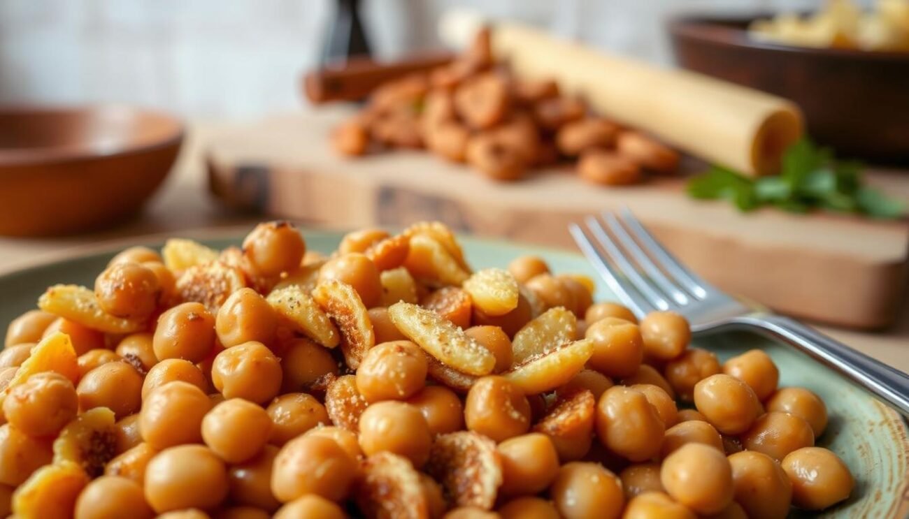 A delectable plate of Ciceri e Tria, a classic Salentine dish featuring hearty chickpeas and crunchy fried pasta. In the foreground, golden-brown fried tria noodles nestled among plump, tender chickpeas, their earthy hues complemented by the warm lighting. In the middle ground, a wooden board or rustic table provides a natural backdrop, while the background hints at a simple, homey kitchen setting, evoking the traditional, homemade nature of this regional specialty. The overall composition and mood convey the comforting, authentic essence of this ancient Puglian recipe.