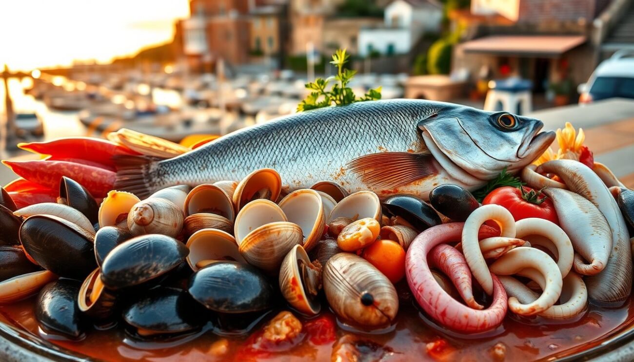 A delectable selection of fresh seafood, carefully curated for the authentic Cacciucco Livornese. In the foreground, a vibrant arrangement of five distinct fish species - plump anchovies, succulent mussels, juicy clams, tender squid, and the centerpiece, a whole Mediterranean sea bass. The middle ground showcases the rich, aromatic broth, simmered to perfection with the quintessential five "C" ingredients: garlic, chili, parsley, tomatoes, and extra virgin olive oil. The background sets the scene, a rustic coastal town, with the sun's warm glow casting a golden hue over the scene. Captured with a shallow depth of field, the image invites the viewer to savor the flavors and textures of this iconic Tuscan seafood stew.