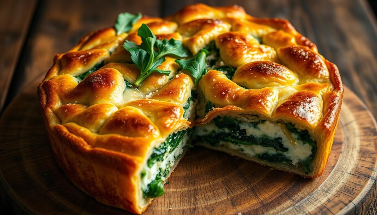 A delectable torta pasqualina, its crisp, golden crust revealing a vibrant, verdant filling of sautéed Swiss chard, tender spinach, and creamy ricotta. Nestled atop a rustic wooden surface, the savory pie glistens under the warm, diffused light, inviting a closer inspection of its intricate layers and personalized embellishments. Hints of nutmeg, parmesan, and fresh herbs mingle in the air, evoking the comforting flavors of traditional Italian cuisine. This versatile dish, a testament to the culinary creativity and regional variations that define the Torta Pasqualina, stands ready to be savored and celebrated. A delectable torta pasqualina, its crisp, golden crust revealing a vibrant, verdant filling of sautéed Swiss chard, tender spinach, and creamy ricotta. Nestled atop a rustic wooden surface, the savory pie glistens under the warm, diffused light, inviting a closer inspection of its intricate layers and personalized embellishments. Hints of nutmeg, parmesan, and fresh herbs mingle in the air, evoking the comforting flavors of traditional Italian cuisine. This versatile dish, a testament to the culinary creativity and regional variations that define the Torta Pasqualina, stands ready to be savored and celebrated.