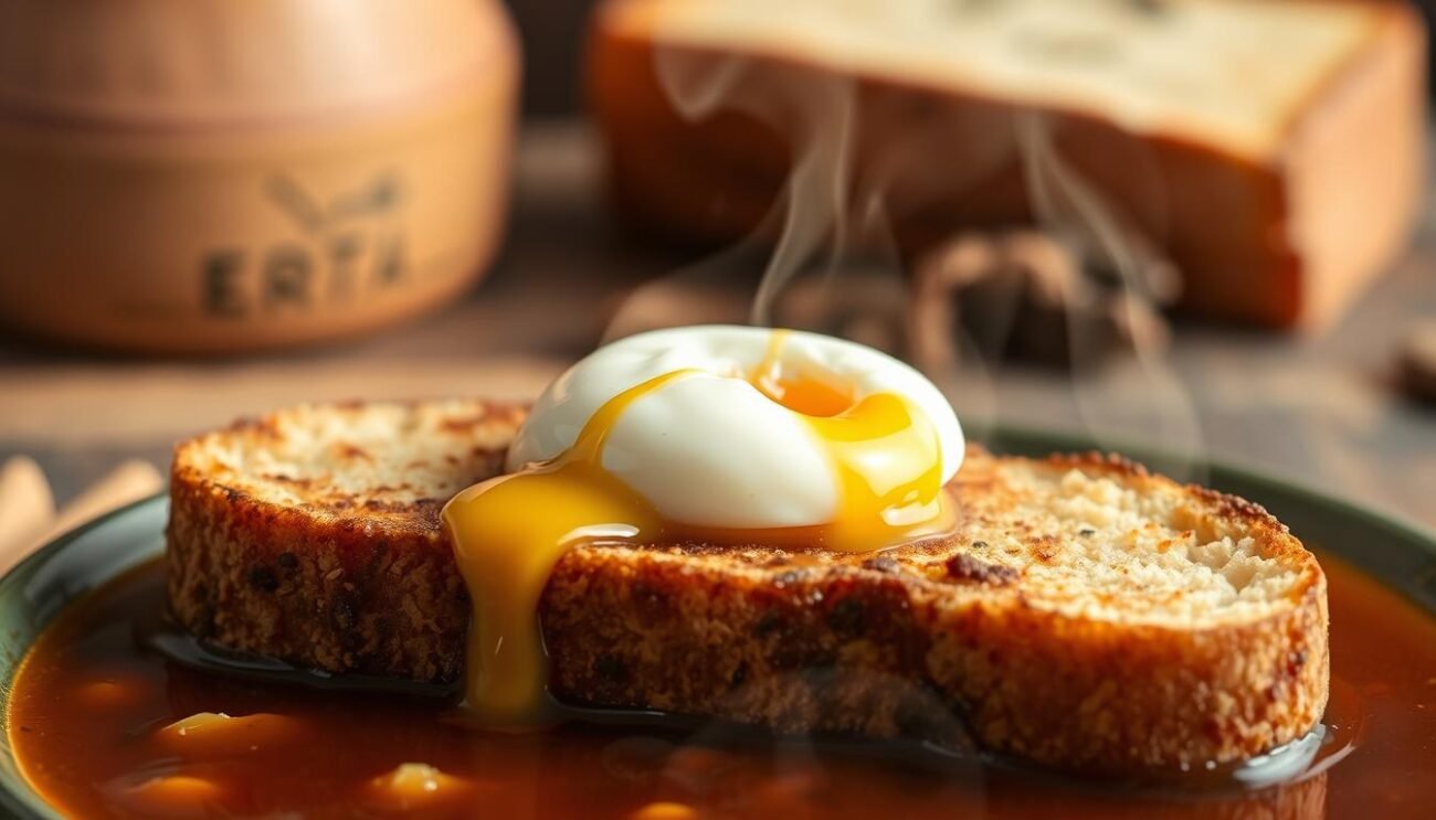 A delectable variant of the traditional Pane Frattau, featuring a savory beef broth. In the foreground, a thick slice of crunchy, toasted Pane Carasau bread, soaked in the rich, aromatic broth, topped with a perfectly poached egg, its golden yolk gently cascading over the edges. The middle ground showcases the deep, earthy tones of the beef broth, with wisps of steam rising, creating a cozy, inviting atmosphere. In the background, a simple, rustic setting, perhaps a wooden table or a weathered kitchen counter, sets the stage for this comforting Sardinian delicacy. Soft, diffused lighting illuminates the scene, highlighting the textures and flavors of this unique and satisfying dish.