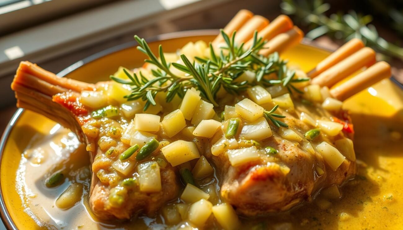 A delicate and aromatic celery sauce, glistening with olive oil, nestled atop tender veal shanks. The celery stalks, freshly picked, are diced with precision, their crisp texture contrasting with the silky sauce. Simmered slowly, the flavors meld into a harmonious blend, infused with the essence of garlic, onions, and the subtle earthiness of rosemary. Sunlight filters through a nearby window, casting a warm glow upon the dish, highlighting the vibrant green hues and the rich, velvety texture of the sauce. A classic Roman culinary masterpiece, the "salsa al sedano" is the heart and soul of the renowned "Coda alla Vaccinara", a dish that embodies the rustic charm and gastronomic traditions of the Eternal City.