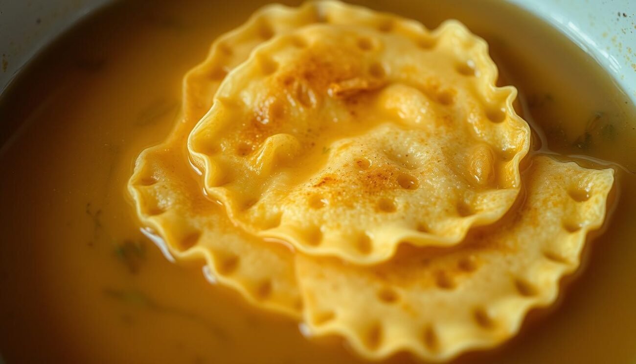 A delicate and authentic Abruzzese crêpe dish, "scrippelle mbusse" floats in a savory broth, showcasing the region's culinary heritage. The thin, delicate crêpes are carefully crafted, their golden-brown hue and lacy texture inviting the viewer to experience their tender, pillowy mouthfeel. Simmering in a clear, fragrant broth, the scrippelle mbusse appear to glisten, radiating warmth and comfort. The mise-en-scène evokes a cozy, rustic kitchen, with muted lighting casting soft shadows that highlight the dish's rustic elegance. Subtle hints of herbs and spices add depth to the composition, while the overall presentation captures the essence of traditional Abruzzese cuisine, ready to delight the senses. A delicate and authentic Abruzzese crêpe dish, "scrippelle mbusse" floats in a savory broth, showcasing the region's culinary heritage. The thin, delicate crêpes are carefully crafted, their golden-brown hue and lacy texture inviting the viewer to experience their tender, pillowy mouthfeel. Simmering in a clear, fragrant broth, the scrippelle mbusse appear to glisten, radiating warmth and comfort. The mise-en-scène evokes a cozy, rustic kitchen, with muted lighting casting soft shadows that highlight the dish's rustic elegance. Subtle hints of herbs and spices add depth to the composition, while the overall presentation captures the essence of traditional Abruzzese cuisine, ready to delight the senses.