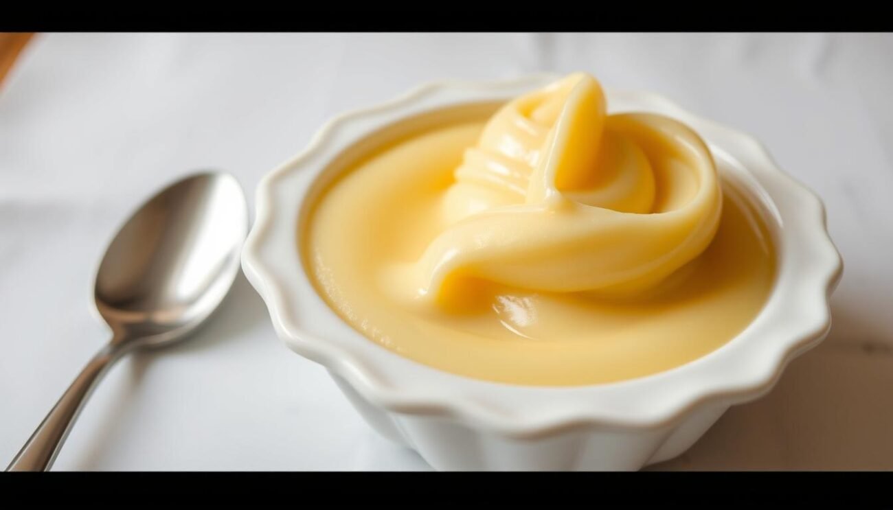 A delicate and creamy semolina pudding, known as crema di semolino, takes center stage in the preparation of the traditional Neapolitan Migliaccio. The pudding, made from fine semolina, milk, eggs, and a touch of vanilla, has a soft, velvety texture. Served warm or chilled, it forms the foundation for the Migliaccio, a beloved Carnival dessert. The image should capture the smooth, silky appearance of the semolina cream, with a golden hue and a hint of steam rising from the surface, set against a simple, minimalist background to emphasize the elegance of the dish. A delicate and creamy semolina pudding, known as crema di semolino, takes center stage in the preparation of the traditional Neapolitan Migliaccio. The pudding, made from fine semolina, milk, eggs, and a touch of vanilla, has a soft, velvety texture. Served warm or chilled, it forms the foundation for the Migliaccio, a beloved Carnival dessert. The image should capture the smooth, silky appearance of the semolina cream, with a golden hue and a hint of steam rising from the surface, set against a simple, minimalist background to emphasize the elegance of the dish.