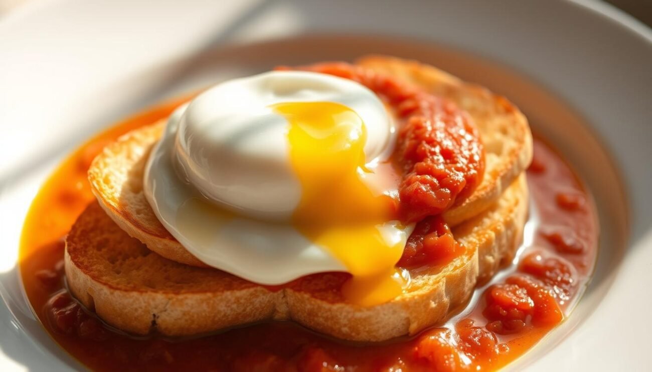 A delicate arrangement of crisp, golden carasau bread slices, gently nestled atop a pool of rich, simmered tomato sauce, crowned with a perfectly poached egg. The soft, runny yolk oozes over the savory layers, creating a harmonious interplay of textures and flavors. Captured in a warm, natural light, the image showcases the artful assembly of this quintessential Sardinian dish, inviting the viewer to savor the comforting and authentic experience of Pane Frattau.