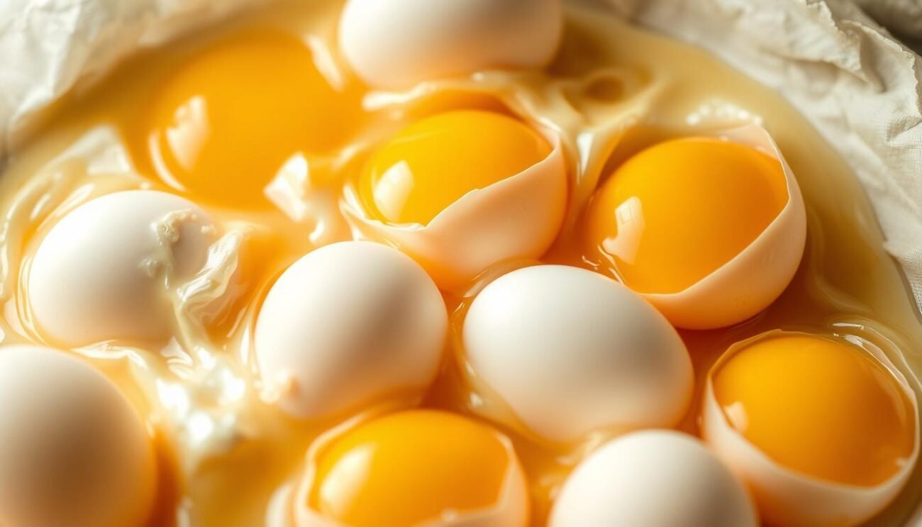 A delicate arrangement of farm-fresh eggs, their golden yolks gleaming against a soft, airy background. Wispy tendrils of steam rise from the beaten eggs, hinting at the culinary magic to come. Carefully placed within the frame, the eggs are the undisputed stars, showcasing their transformative power in the creation of luscious baked goods. Warm, natural lighting bathes the scene, evoking a sense of homespun comfort and the promise of decadent treats. This image captures the essence of eggs as the secret ingredient that binds together the most delightful of desserts, a visual representation of the article's focus on the pivotal role of this humble yet indispensable component.