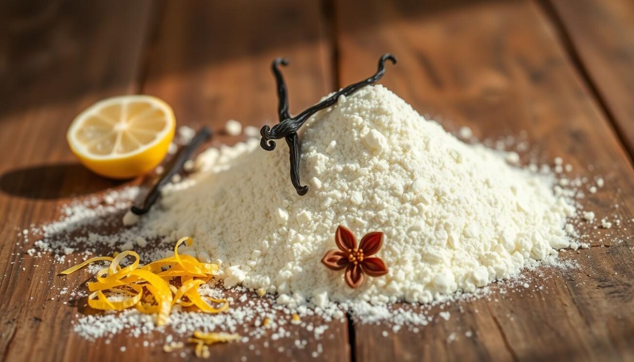 A delicate arrangement of the essential ingredients for the traditional Neapolitan Migliaccio dessert. Prominently displayed on a rustic wooden table, the soft-hued pile of semolina flour, creamy ricotta, fragrant vanilla pods, and delicate lemon zest evoke the flavors and textures of this iconic Carnival treat. Warm, natural lighting illuminates the ingredients, casting soft shadows and highlighting their inviting qualities. The overall composition suggests the comforting, homemade nature of this beloved Neapolitan specialty, ready to be transformed into a cherished seasonal delight. A delicate arrangement of the essential ingredients for the traditional Neapolitan Migliaccio dessert. Prominently displayed on a rustic wooden table, the soft-hued pile of semolina flour, creamy ricotta, fragrant vanilla pods, and delicate lemon zest evoke the flavors and textures of this iconic Carnival treat. Warm, natural lighting illuminates the ingredients, casting soft shadows and highlighting their inviting qualities. The overall composition suggests the comforting, homemade nature of this beloved Neapolitan specialty, ready to be transformed into a cherished seasonal delight.