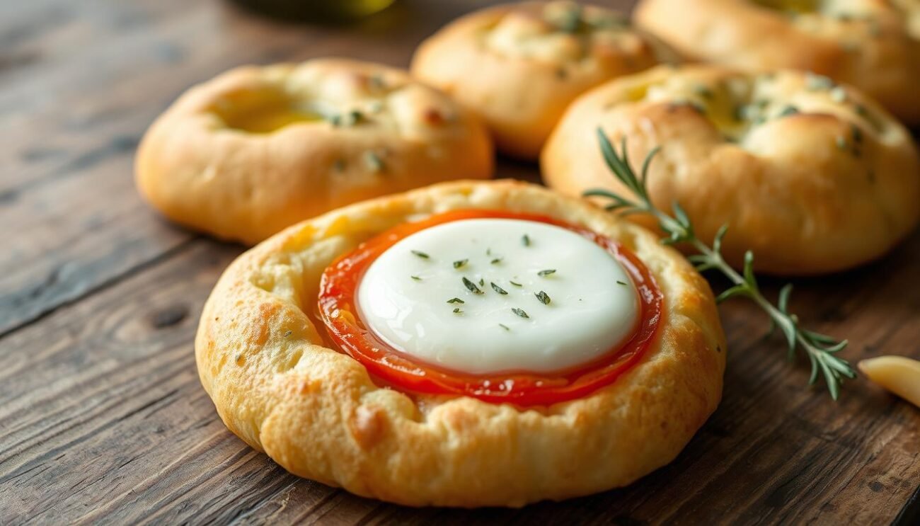 A delicate golden-brown friselle bread, freshly baked and cooling on a rustic wooden table. Its round, crunchy texture invites a drizzle of robust extra virgin olive oil and the juicy burst of ripe, sun-kissed tomatoes. Soft, creamy mozzarella cheese nestles between the toasted discs, complementing the flavors. Subtle hints of oregano and garlic permeate the air, evoking the coastal regions of Puglia. The scene is illuminated by soft, natural light, capturing the authentic and comforting essence of this traditional Italian delicacy.