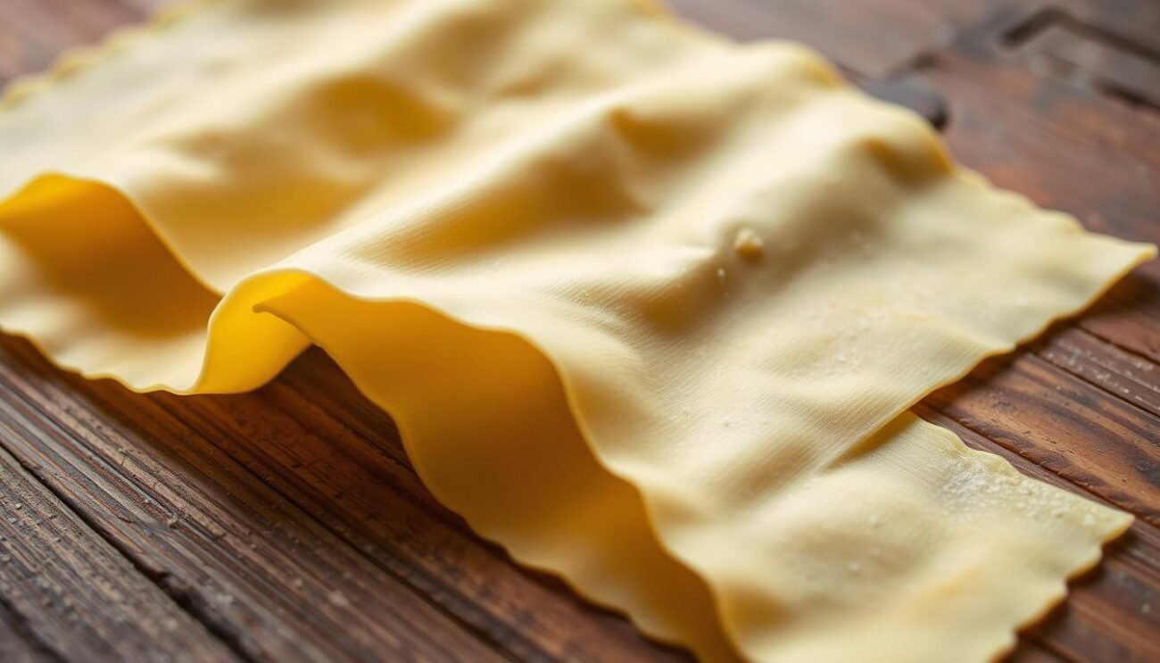A delicate homemade egg pasta sheet, known as "Sfoglia all'uovo", lies elegantly on a rustic wooden surface. The soft, golden dough is carefully crafted, reflecting the skilled hands of a traditional Italian chef. Subtle shadows and warm lighting accentuate the pasta's supple texture, inviting the viewer to imagine the savory filling of the Spoja Lorda - the beloved Romagnola-style ravioli. The scene exudes a sense of homemade comfort and culinary tradition, setting the stage for the upcoming presentation of the Spoja Lorda recipe.