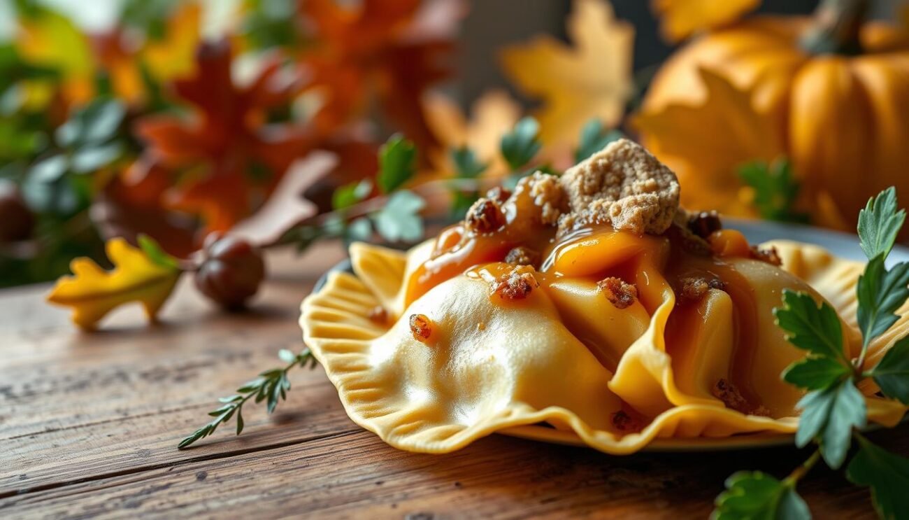 A delicate pumpkin-filled tortelli, nestled on a wooden table against a backdrop of lush greenery and warm autumn tones. The pasta dough has a golden sheen, while the filling is a vibrant orange, flecked with the rich hues of roasted amaretti cookies. The dish is garnished with a drizzle of Gonzaga-style mostarda, its tangy sweetness complementing the savory pumpkin. The scene is bathed in soft, natural lighting, conveying the comforting and traditional essence of this beloved Mantovan culinary treasure.