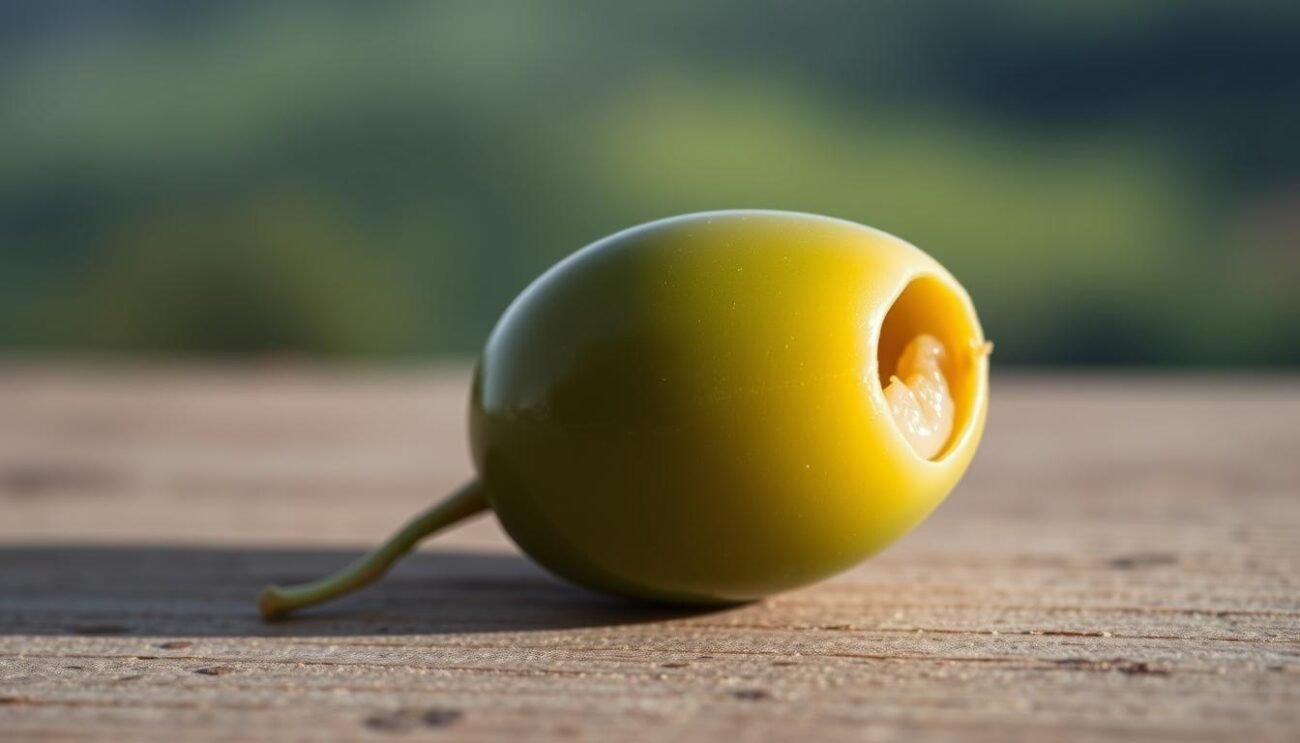 A delicate, tender green olive, freshly picked from the Ascolana variety, rests on a wooden surface. The olive's skin glistens under the soft, natural lighting, hinting at its juicy interior. In the background, a subtle blur evokes the lush, rolling hills of the Marche region, the traditional home of this beloved delicacy. The scene conveys a sense of rustic simplicity and the care with which these olives are cultivated and prepared. A prime example of the finest raw material for the iconic Olive all'Ascolana, a regional specialty of Ascoli Piceno.