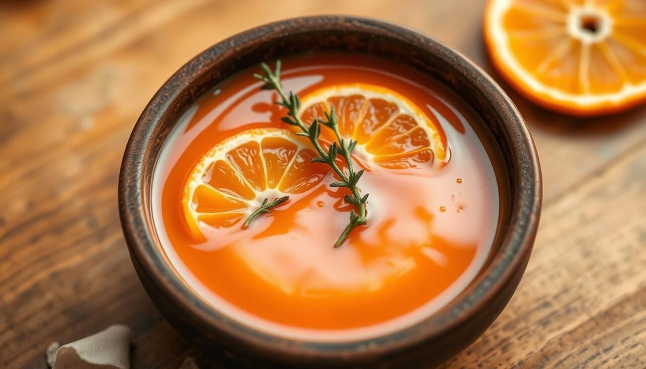 A delicate, vibrant orange sauce glistens in a rustic ceramic bowl, its citrus fragrance filling the air. Carefully sliced orange segments and fresh sprigs of thyme float atop the smooth, silky texture, inviting the viewer to indulge. Warm, diffused lighting casts a soft glow, highlighting the sauce's alluring hue and the careful arrangement of ingredients. The overall scene exudes a sense of refined elegance, perfectly capturing the essence of the "Salsa all'Arancia" accompaniment to the Veneto-style "Anatra all'Arancia" dish.
