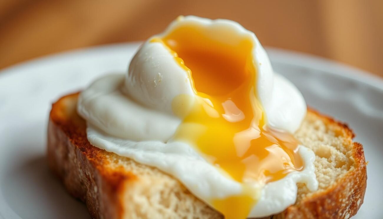 A delicately poached egg nestled atop a slice of crusty, golden-brown bread, the rich yolk spilling its golden treasure over the surface. Soft, pillowy whites envelop the egg, glistening under the warm, diffused lighting. The scene is captured in a close-up, highlighting the textures and inviting the viewer to experience the simple, yet indulgent pleasure of the perfect "uovo in camicia". The background is blurred, allowing the focus to remain on the harmonious interplay of the bread and the egg, the essence of the classic Italian dish.