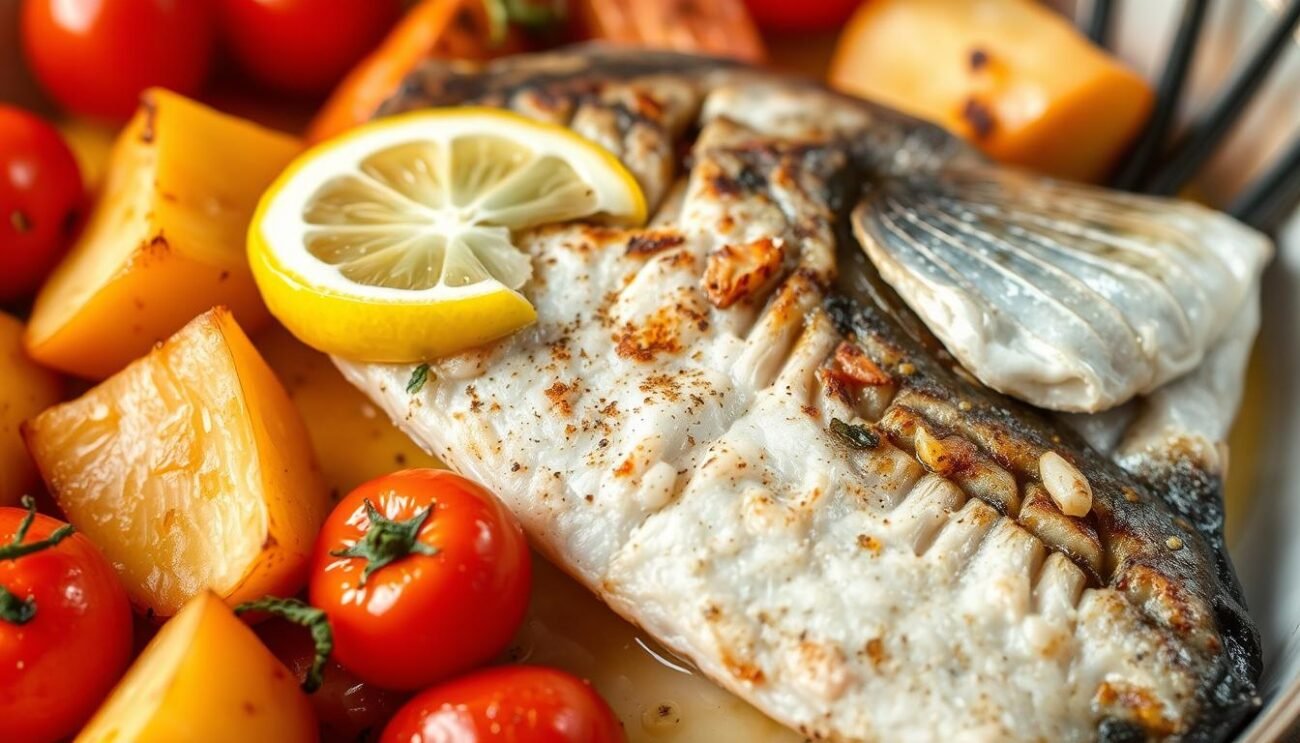 A delicious roasted sea bream (Orata) dish, its tender flesh complemented by the crisp golden potatoes and juicy cherry tomatoes. The fish is seasoned with a touch of lemon and herbs, creating a symphony of Mediterranean flavors. The vegetables are roasted to perfection, their caramelized edges adding depth and texture. Warm lighting casts a cozy glow, inviting the viewer to savor this rustic yet refined culinary creation. The image captures the essence of this classic Italian dish, perfectly suited to showcase the "Varianti e Abbinamenti Consigliati" section of the article. A delicious roasted sea bream (Orata) dish, its tender flesh complemented by the crisp golden potatoes and juicy cherry tomatoes. The fish is seasoned with a touch of lemon and herbs, creating a symphony of Mediterranean flavors. The vegetables are roasted to perfection, their caramelized edges adding depth and texture. Warm lighting casts a cozy glow, inviting the viewer to savor this rustic yet refined culinary creation. The image captures the essence of this classic Italian dish, perfectly suited to showcase the "Varianti e Abbinamenti Consigliati" section of the article.