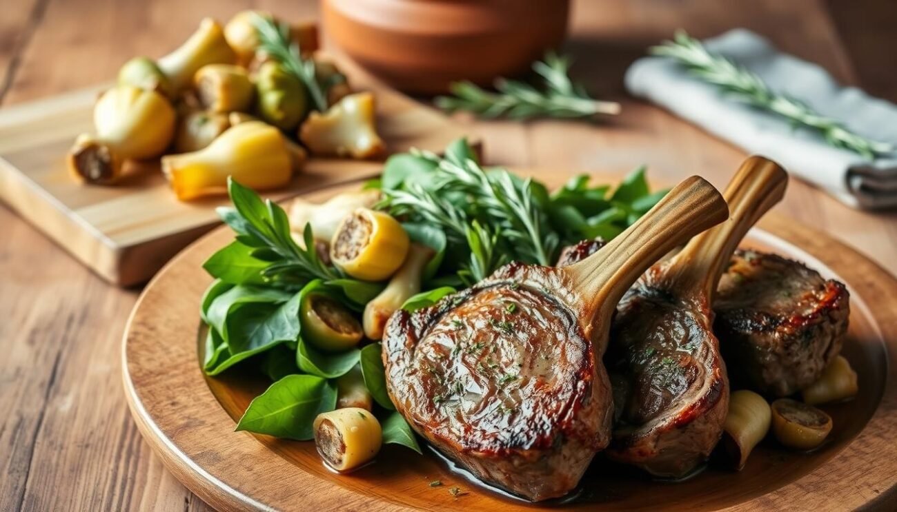 A delightful Sardinian dish of tender lamb chops simmered with artichoke hearts, fresh herbs, and aromatic garlic. In the foreground, the juicy lamb chops are beautifully seared, nestled among vibrant green artichoke leaves. The middle ground features a wooden cutting board with a rustic earthenware bowl, overflowing with the fragrant, lightly braised artichoke hearts. In the background, a natural wooden table sets the scene, with a linen napkin and a sprig of fresh rosemary adding a touch of authentic Italian flair. The lighting is warm and inviting, casting a soft glow over the entire composition, capturing the essence of this classic Sardinian springtime delight.