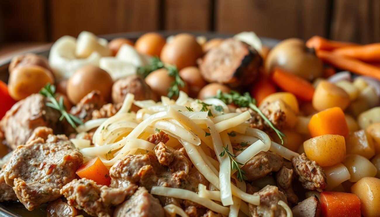 A delightful arrangement of regional cassoeula variations, showcasing the rich culinary tapestry of Italy. In the foreground, tender pork shoulder and cabbage mingle, accented by aromatic herbs and spices. The mid-ground features an array of accompanying ingredients, like potatoes, onions, and carrots, each adding its own distinctive flavor. The background is bathed in a warm, inviting light, evoking the cozy, rustic ambiance of traditional Italian kitchens. Captured with a wide-angle lens to highlight the harmonious composition, this image embodies the comforting and diverse nature of this beloved regional dish. A delightful arrangement of regional cassoeula variations, showcasing the rich culinary tapestry of Italy. In the foreground, tender pork shoulder and cabbage mingle, accented by aromatic herbs and spices. The mid-ground features an array of accompanying ingredients, like potatoes, onions, and carrots, each adding its own distinctive flavor. The background is bathed in a warm, inviting light, evoking the cozy, rustic ambiance of traditional Italian kitchens. Captured with a wide-angle lens to highlight the harmonious composition, this image embodies the comforting and diverse nature of this beloved regional dish.