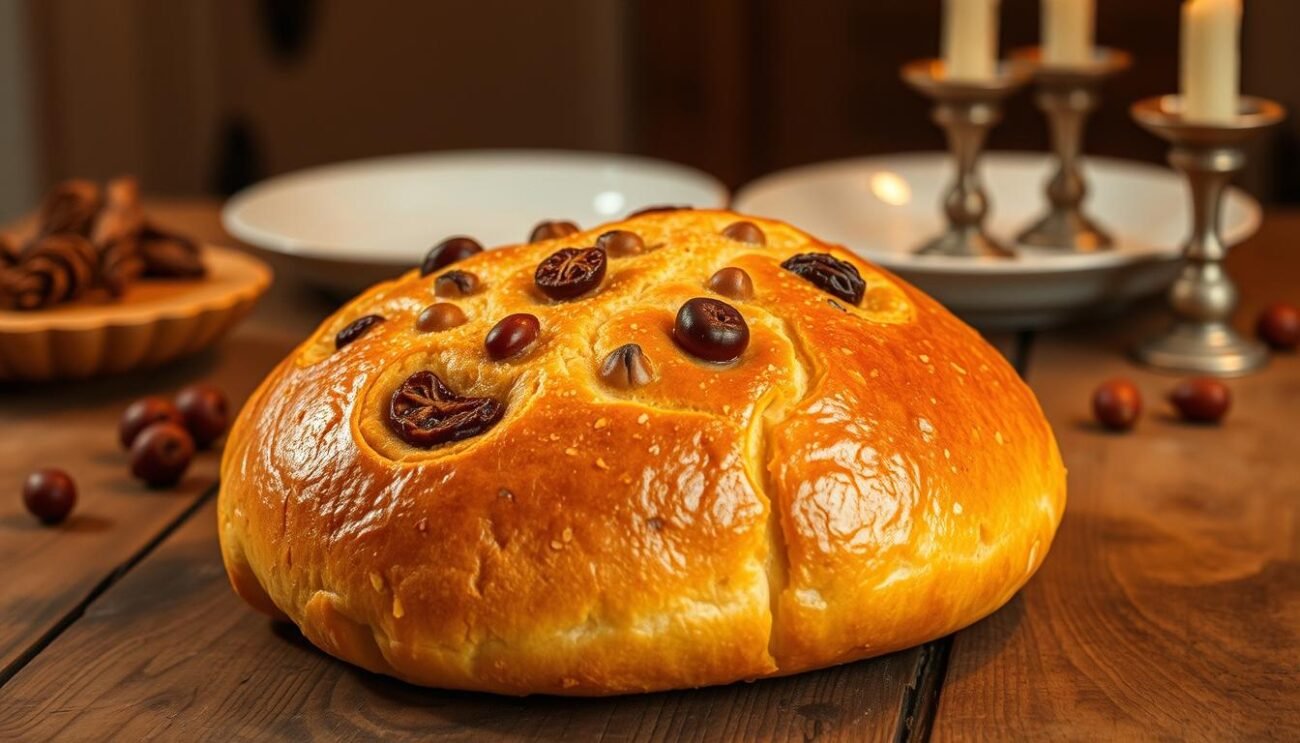 A delightful, golden-hued pangiallo, a traditional Roman holiday bread, sits upon a rustic wooden table. The loaf is adorned with an intricate pattern of dried fruits and nuts, arranged in a festive, symmetrical design. Warm lighting casts a cozy glow, highlighting the rich, glossy texture of the bread's crust. In the background, a sparse yet elegant table setting evokes the simple yet refined nature of ancient Roman desserts. The overall scene captures the essence of the holiday season in the Imperial era, inviting the viewer to imagine the flavors and aromas of this iconic Roman delicacy.