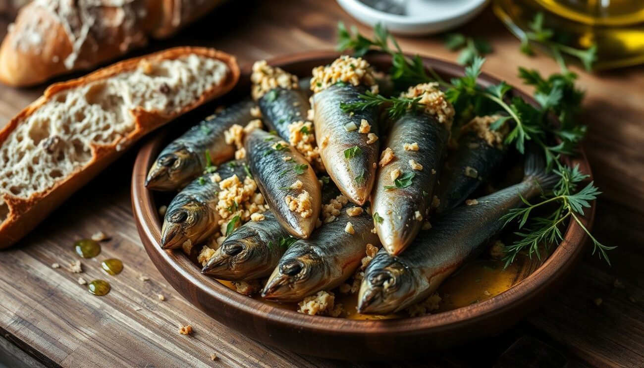 A delightful spread of "acciughe ripiene" (stuffed anchovies) nestled on a rustic wooden table. The anchovies, plump and glistening, are carefully filled with a savory mixture of breadcrumbs, parsley, garlic, and olive oil, capturing the essence of Ligurian coastal cuisine. The arrangement is flanked by crusty slices of homemade bread, adding a textural contrast to the dish. Soft, diffused lighting casts a warm, inviting glow, accentuating the earthy tones and the delicate flavors of this traditional delicacy. A sprinkling of fresh herbs and a drizzle of golden olive oil complete the scene, transporting the viewer to a cozy trattoria along the Italian Riviera.