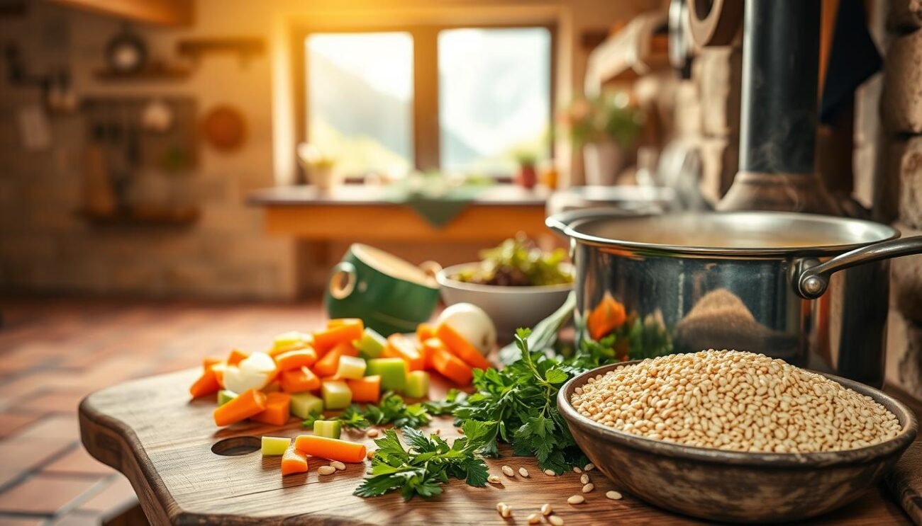 A detailed, rustic scene showcasing the preparation of traditional Trentino-Alto Adige barley soup. In the foreground, a large pot simmers on a wood-burning stove, steam gently rising. Chopped vegetables - carrots, celery, onions - are arranged nearby, ready to be added. In the middle ground, a wooden cutting board holds fresh herbs and whole grains of barley. The background features a cozy kitchen, with exposed beams, terracotta tiles, and a glimpse of a lush mountain landscape through a window. Warm, diffused lighting creates a welcoming, homely atmosphere. Capture the essence of this beloved regional dish, its nourishing ingredients, and the care taken in its traditional preparation.