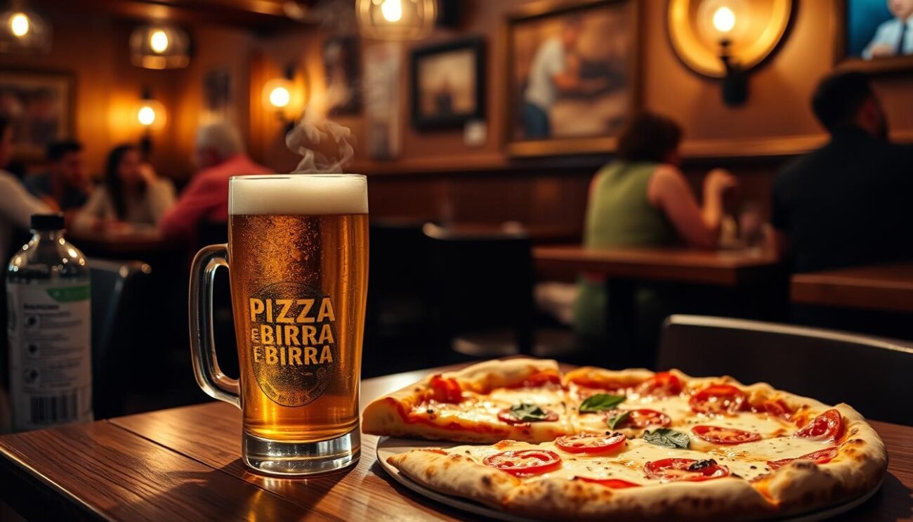 A dimly lit Italian bistro, the aroma of freshly baked pizza and the chatter of friends fill the air. On a wooden table, a steaming margherita pizza sits alongside a frosty mug of craft beer, the perfect pairing of crisp crust and hoppy notes. The soft lighting casts a warm glow, creating an inviting atmosphere that evokes the essence of "pizza e birra" - the quintessential Italian dining experience. The scene is captured from a slightly elevated angle, highlighting the textures and colors of the ingredients, with the background blurred to keep the focus on the main subjects.