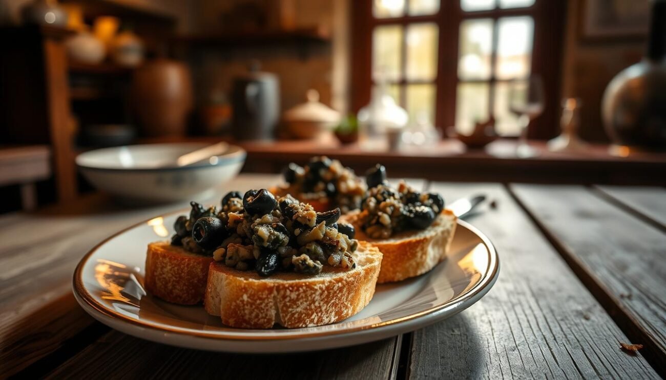 A dimly lit Tuscan kitchen, filled with the aroma of sizzling garlic and anchovy. On a rustic wooden table, a plate of crostini neri stands out, the black olive tapenade glistening under the warm light. The crisp, golden-brown bread slices support a rich, savory topping of finely chopped chicken livers, sautéed with herbs and spices. The scene evokes the history and tradition of this beloved Tuscan appetizer, a time-honored delicacy that has nourished generations. The image captures the essence of the crostini neri, showcasing its rustic simplicity and the depth of flavor that has made it a cornerstone of Tuscan cuisine.