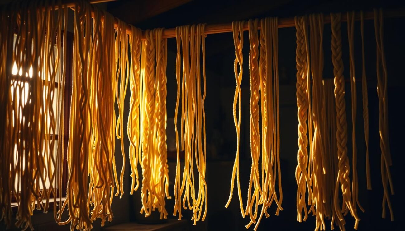 A dimly lit, artisanal pasta workshop. Woven lorighittas, the traditional Sardinian braided pasta, hang from wooden racks, casting long shadows as warm, golden light filters through the windows. The air is filled with the earthy aroma of drying dough, as the handmade strands sway gently, their intricate patterns accentuated by the soft, raking illumination. The scene exudes a sense of heritage, craft, and the unhurried rhythm of time-honored tradition.