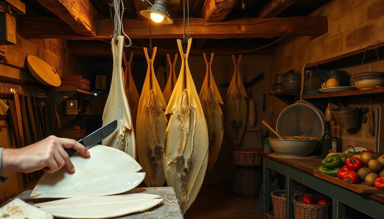 A dimly lit artisanal workshop, the air thick with the scent of sun-dried cod. In the foreground, skilled hands delicately slice and shape the stoccafisso, revealing its flaky, ivory flesh. Overhead, warm lighting casts a golden glow, accentuating the weathered wooden beams and tools of the trade. In the middle ground, large slabs of stoccafisso hang suspended, their intricate patterns casting captivating shadows on the rough-hewn walls. The background showcases a traditional Calabrian kitchen, complete with terracotta tiles, woven baskets, and the vibrant hues of locally grown peppers and potatoes. The scene exudes a sense of timeless tradition, where the rhythmic motion of the knife and the patient curing process come together to create a culinary masterpiece.