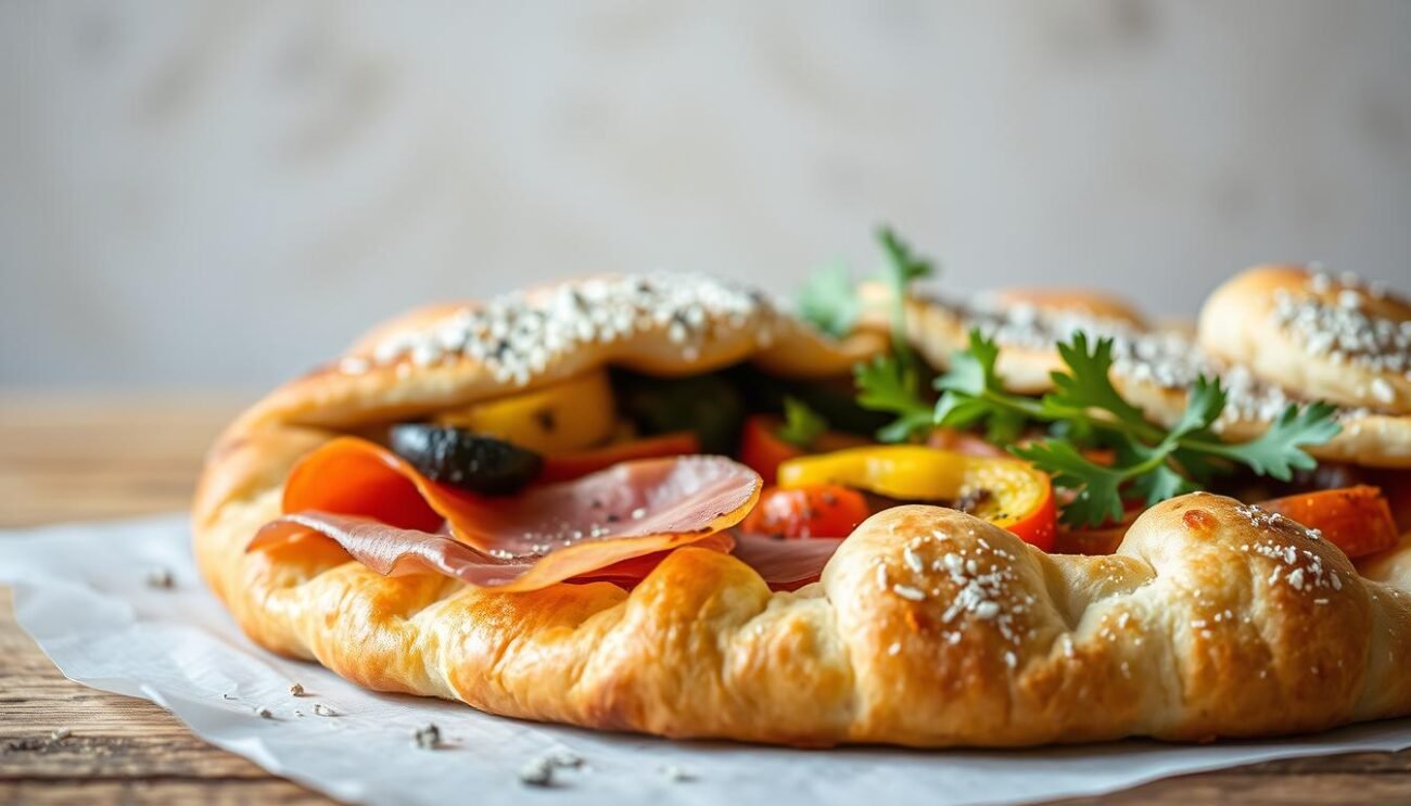 A finely crafted torta al testo, its golden-brown crust adorned with a savory array of fillings. In the foreground, slices of prosciutto and sautéed vegetables peek out, their vibrant colors and textures inviting the viewer to imagine the flavors within. The torta is captured in a soft, natural light, showcasing its rustic charm. The background features a minimalist, textured surface, allowing the focus to remain on the star of the scene - the delectable, hand-crafted torta al testo. This image captures the essence of the Umbrian specialty, ready to entice and inspire the reader to explore the art of filling and enjoying this traditional flatbread. A finely crafted torta al testo, its golden-brown crust adorned with a savory array of fillings. In the foreground, slices of prosciutto and sautéed vegetables peek out, their vibrant colors and textures inviting the viewer to imagine the flavors within. The torta is captured in a soft, natural light, showcasing its rustic charm. The background features a minimalist, textured surface, allowing the focus to remain on the star of the scene - the delectable, hand-crafted torta al testo. This image captures the essence of the Umbrian specialty, ready to entice and inspire the reader to explore the art of filling and enjoying this traditional flatbread.