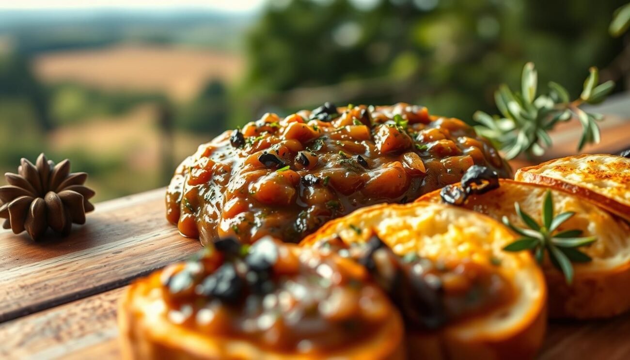 A flawlessly crafted salsa tartufata, a luscious blend of earthy black truffles, creamy olive oil, and aromatic herbs, presented on a rustic wooden board. The rich, velvety sauce glistens under the warm, diffused lighting, inviting the viewer to imagine its savory depths. In the foreground, delicate slices of toasted bruschetta stand ready to be topped with this decadent condiment, their golden-brown edges contrasting with the deep burgundy of the truffle-infused spread. The background fades into a softly blurred Italian countryside, hinting at the provenance of this quintessential regional delicacy. A flawlessly crafted salsa tartufata, a luscious blend of earthy black truffles, creamy olive oil, and aromatic herbs, presented on a rustic wooden board. The rich, velvety sauce glistens under the warm, diffused lighting, inviting the viewer to imagine its savory depths. In the foreground, delicate slices of toasted bruschetta stand ready to be topped with this decadent condiment, their golden-brown edges contrasting with the deep burgundy of the truffle-infused spread. The background fades into a softly blurred Italian countryside, hinting at the provenance of this quintessential regional delicacy.