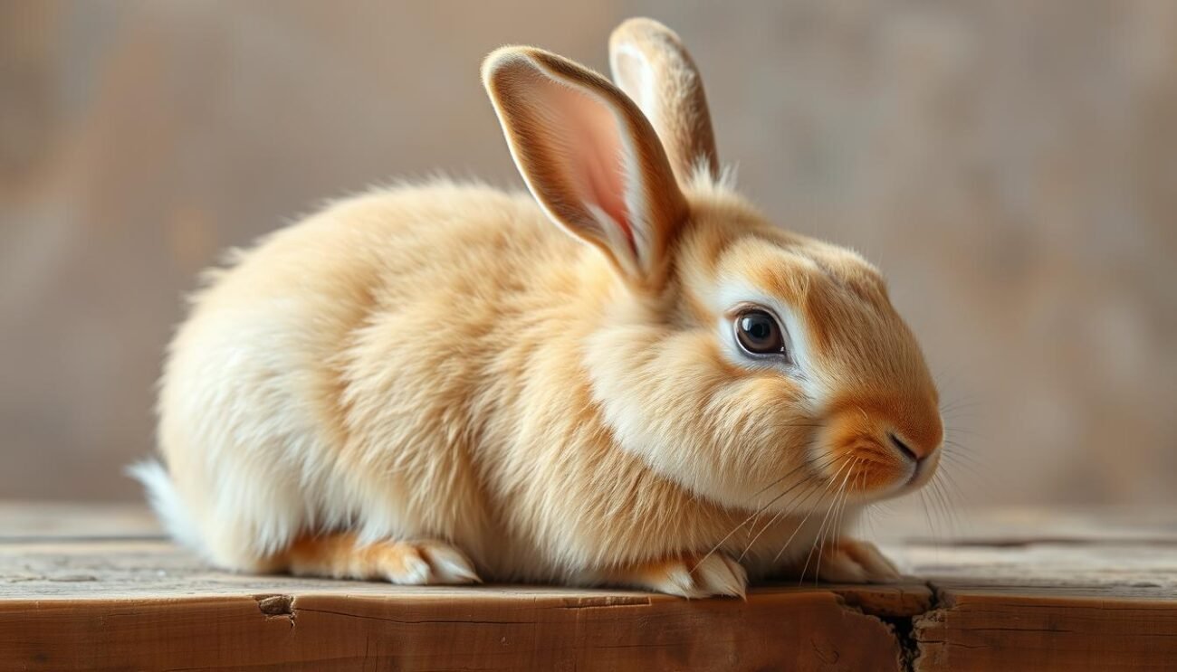 A fluffy, perfectly proportioned coniglio (rabbit) rests serenely on a rustic wooden surface, its soft, tawny fur glistening under the warm, natural lighting. The rabbit's alert yet tranquil expression suggests a sense of contentment, as if posing for a still life painting. The background features a muted palette of earthy tones, hinting at the rabbit's natural habitat, while maintaining focus on the subject. Captured with a medium-wide lens and a shallow depth of field, this image conveys the essence of a "coniglio perfetto" (perfect rabbit) - an embodiment of the classic Abruzzese dish, "Coniglio alla Cacciatora".