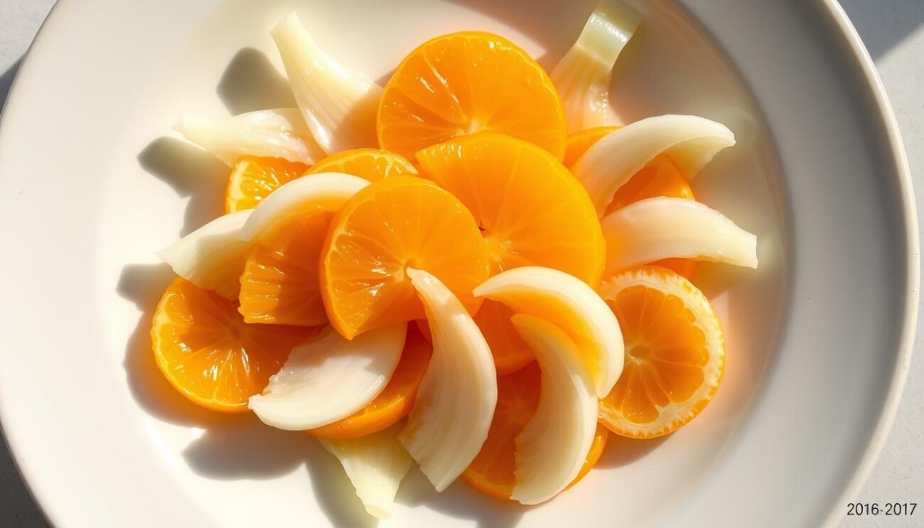 A fresh and vibrant salad of crisp fennel and juicy oranges, arranged with care on a light-colored ceramic plate. The fennel slices are arranged in a radial pattern, their pale green hues complemented by the vibrant orange segments. Subtle shadows cast by the ingredients create depth and dimension. The lighting is soft and natural, highlighting the glossy, glistening textures of the produce. The overall composition is balanced and visually appealing, evoking a sense of lightness and digestibility. This dish is ready to be savored, a perfect accompaniment to a warm Mediterranean afternoon. A fresh and vibrant salad of crisp fennel and juicy oranges, arranged with care on a light-colored ceramic plate. The fennel slices are arranged in a radial pattern, their pale green hues complemented by the vibrant orange segments. Subtle shadows cast by the ingredients create depth and dimension. The lighting is soft and natural, highlighting the glossy, glistening textures of the produce. The overall composition is balanced and visually appealing, evoking a sense of lightness and digestibility. This dish is ready to be savored, a perfect accompaniment to a warm Mediterranean afternoon.