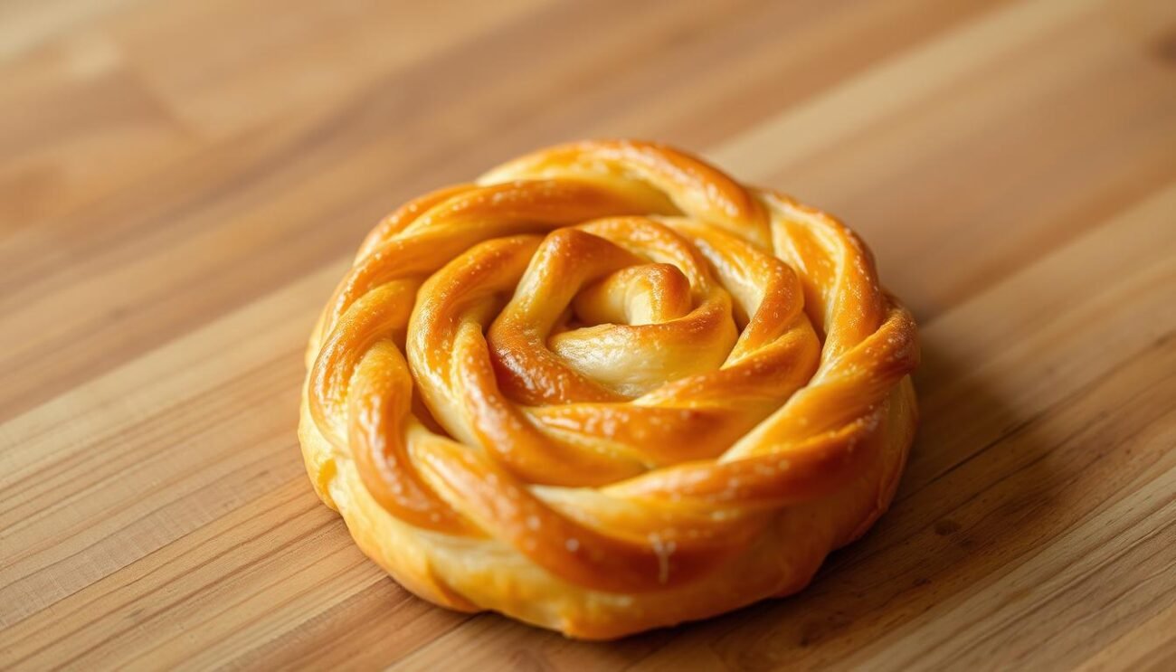 A freshly baked Tiriccas, a traditional Italian spiral-shaped pastry, sits on a wooden surface. The golden crust glistens under the soft, diffused lighting, hinting at the rich, honey-almond filling within. Delicate strands of dough swirl gracefully, creating an intricate pattern that draws the eye inward. The scene exudes a sense of rustic simplicity and homemade charm, perfectly suited to illustrate the "Cottura e Conservazione" section of the article on these beloved Italian treats. A freshly baked Tiriccas, a traditional Italian spiral-shaped pastry, sits on a wooden surface. The golden crust glistens under the soft, diffused lighting, hinting at the rich, honey-almond filling within. Delicate strands of dough swirl gracefully, creating an intricate pattern that draws the eye inward. The scene exudes a sense of rustic simplicity and homemade charm, perfectly suited to illustrate the "Cottura e Conservazione" section of the article on these beloved Italian treats.