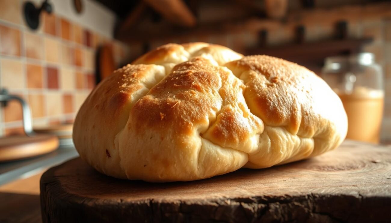 A freshly baked, golden-brown sfincionello palermitano, its soft, pillowy texture inviting a delightful bite. The focaccia-like delicacy sits atop a rustic wooden surface, framed by a warm, natural lighting that casts gentle shadows, emphasizing its handcrafted appearance. In the background, a glimpse of a traditional Sicilian kitchen, with terracotta tiles and weathered wooden beams, sets the scene for this beloved Palermitan specialty, a culinary precursor to the iconic Sicilian pizza.